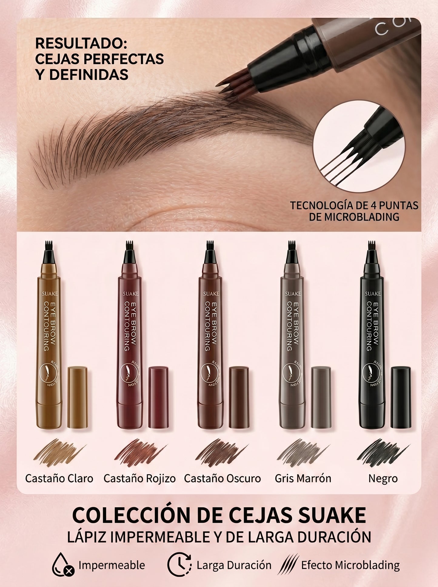 Lápiz de Cejas Microblading 4 Puntas — Efecto Natural Waterproof